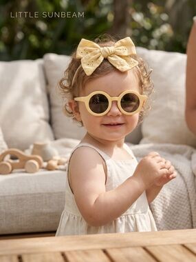 Toddler Mustard Yellow Embroidered Bow Headband & Round Retro Sunglasses Set